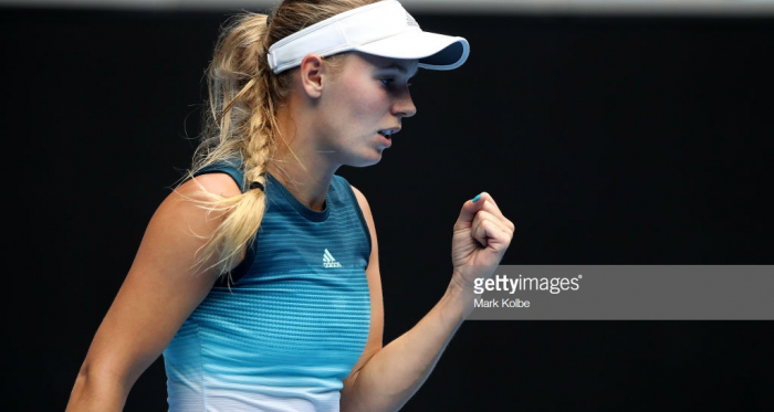 Caroline Wozniacki celebrates a point during her second round match at the Australian Open. (Mark Kolbe/Getty Images)