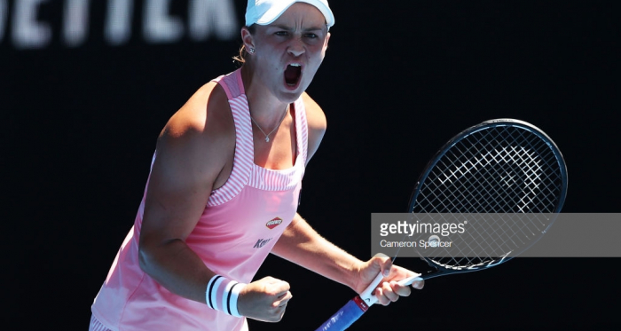 Ash Barty celebrates a point during her fourth round match at the Australian Open. (Cameron Spencer / Getty Images)