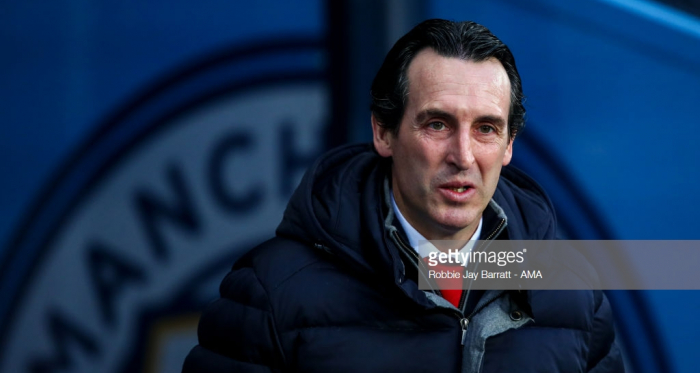 MANCHESTER, ENGLAND - FEBRUARY 03: Unai Emery the head coach / manager of Arsenal during the Premier League match between Manchester City and Arsenal FC at Etihad Stadium on February 3, 2019 in Manchester, United Kingdom. (Photo by Robbie Jay Barratt - AMA/Getty Images)