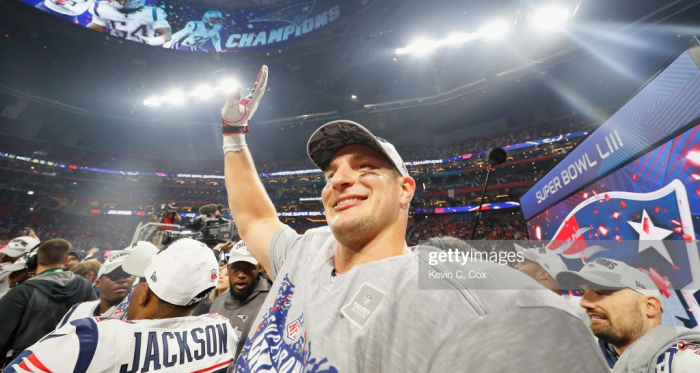 Rob Gronkowski waves to the crowd after the New England Patriots defeated the Los Angeles Rams in Super Bowl 53 (Kevin Cox/Getty Images)