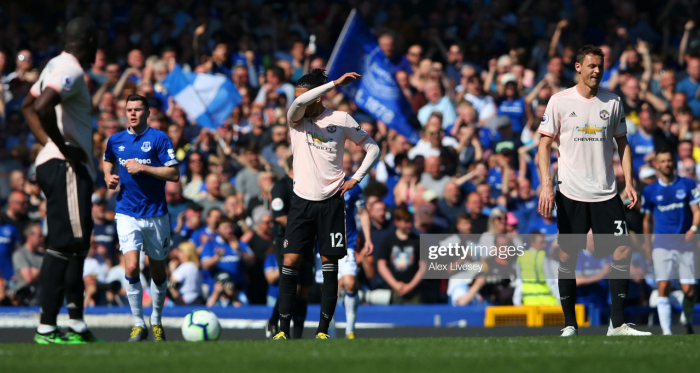 The United players are left shellshocked after Everton scored their fourth goal at Goodison (Photo Source: Alex Livesey / Getty Images)