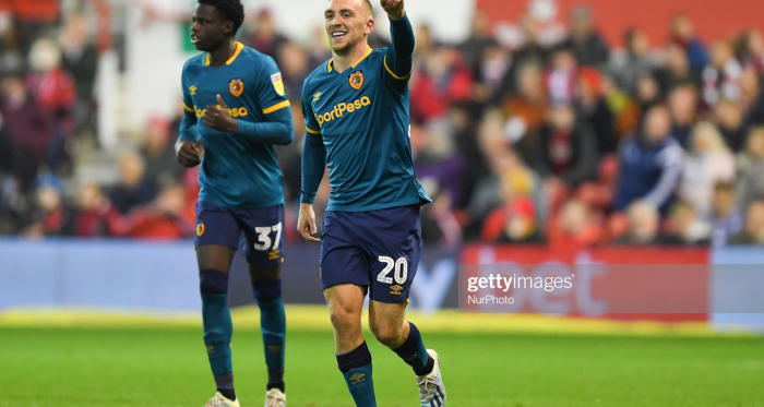 Jarrod Bowen (20) of Hull City celebrates after scoring a goal. (Photo by Jon Hobley/MI News/NurPhoto via Getty Images)