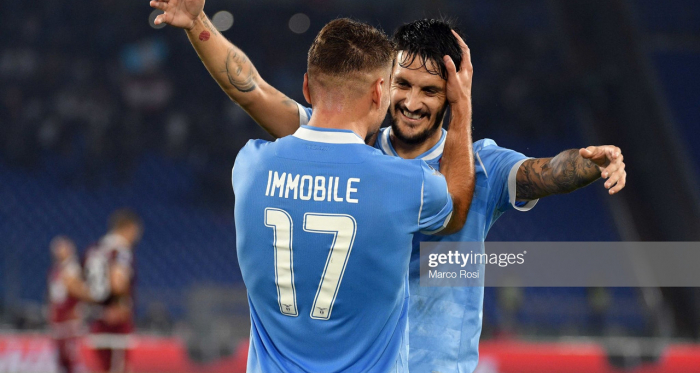 Lazio's Ciro Immobile celebrates his first goal against Torino with teammate Luis Alberto (Getty Images/Marco Rosi) 
