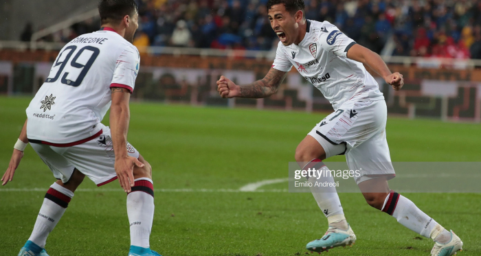 Cagliari's Christian Oliva celebrates his goal against Atalanta last weekend with teammate Giovanni Simeone (Getty Images/Emilio Andreoli)