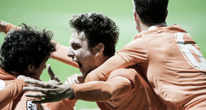 Borja Sánchez celebra el gol que cosechó desde el centro del campo de Zubieta. | Imagen: Real Oviedo