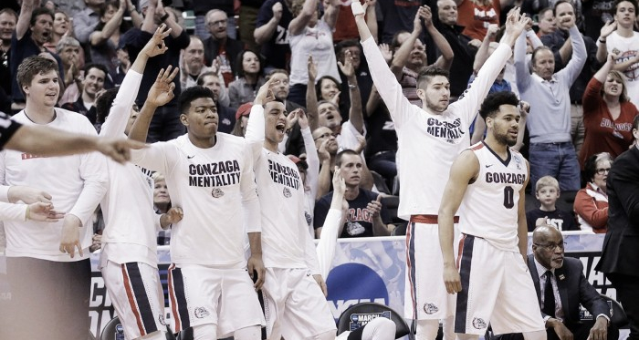 Gonzaga players celebrate during their first-round win in the NCAA Tournament/Photo: USA Online News