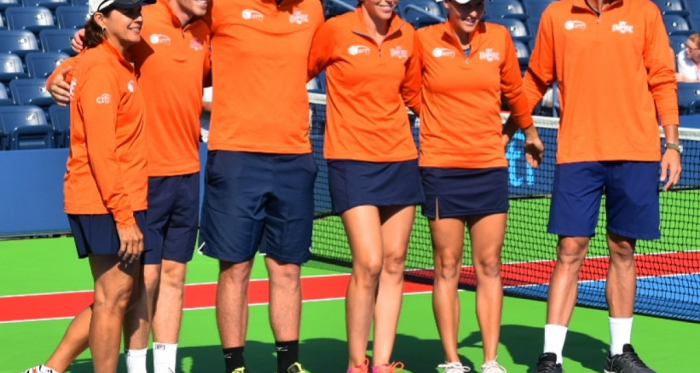 The New York Empire team lines up before the opening match of the season. From left to right: Coach Gigi Fernandez, Neal Skupski, Dennis Novikov, Maria Jose Martinez Sanchez, Tatjana Maria and Steve Johnson/Photo: John Lupo/VAVEL UK