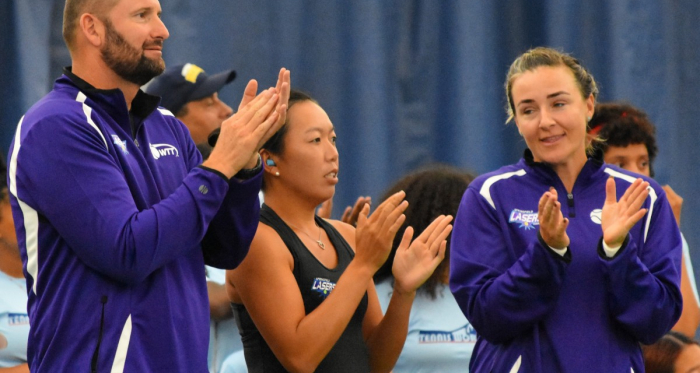 Springfield coach John-Laffnie de Jager (l.), Vania King (c.) and Abigail Spears applaud during the Lasers' victory/Photo: John Lupo/VAVEL UK