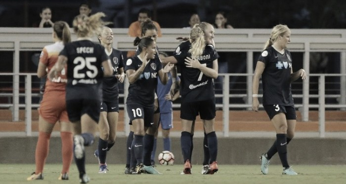 The NC Courage celebrate their 12th shutout of the season | Source: Christian Inoferio - isiphotos