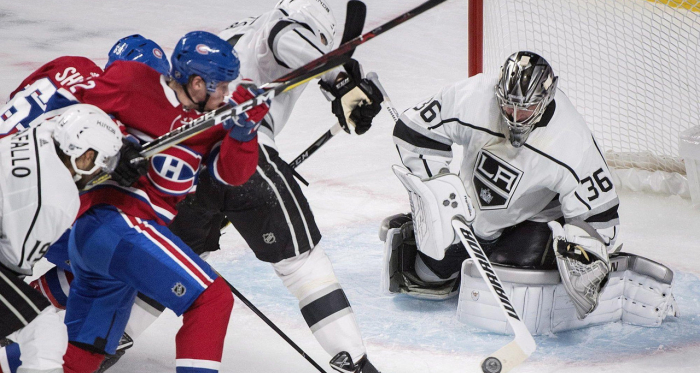 Jack Campbell makes one of his 40 saves against the Canadiens, earning his first career shutout. Photo Credit: latimes.com