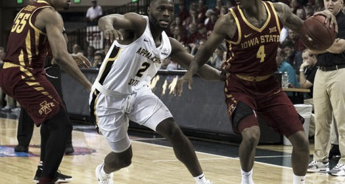 Iowa State's Donovan Jackson (r.) handles against Appalachian State's Ronshad Shabazz (l.) in Myrtle Beach/Photo: Joshua S. Kelly/USA Today Sports