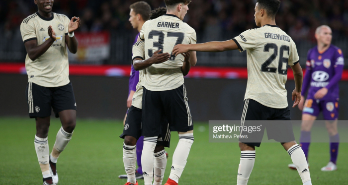James Garner of Manchester United celebrates scoring their second goal during the match between the Perth Glory and Manchester United on July 13, 2019. (Photo by Matthew Peters/Manchester United via Getty Images)