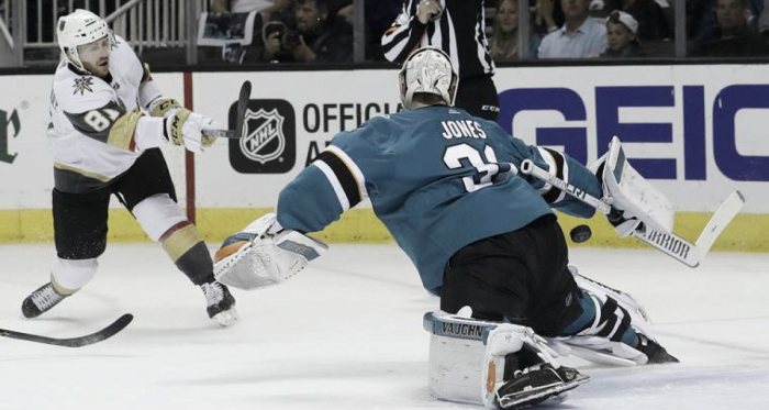 San Jose Sharks' goalie Martin Jones stops a shot by Jonathan Marchessault Golden Knights in Game 4 action. | AP Photo/Jeff Chiu