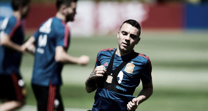 Iago Aspas en un entrenamiento con la Selección Española. Foto: AFP