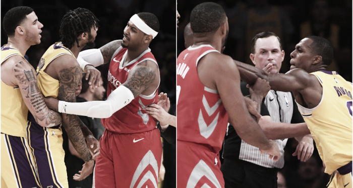 Momento en el que Ingram empieza la pelea y en el que Rondo escupe a Paul. Foto:Reuters