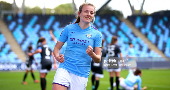 MANCHESTER, ENGLAND - OCTOBER 12: Lauren Hemp of Manchester City celebrates her teams third goal during the Barclays FA Women's Super League match between Manchester City and Birmingham City at The Academy Stadium on October 12, 2019 in Manchester, United Kingdom. (Photo by Chloe Knott - Danehouse/Getty Images)