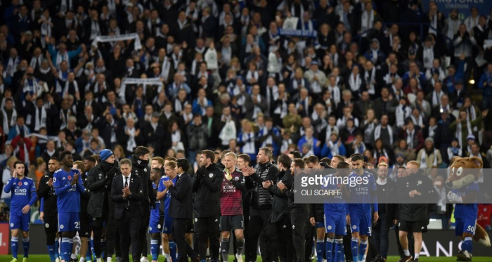 Leicester City's players applaud their supporters after the full time whistle after an emotional goalless draw with Burnley (Photo: Getty Images: Oli Scarff)