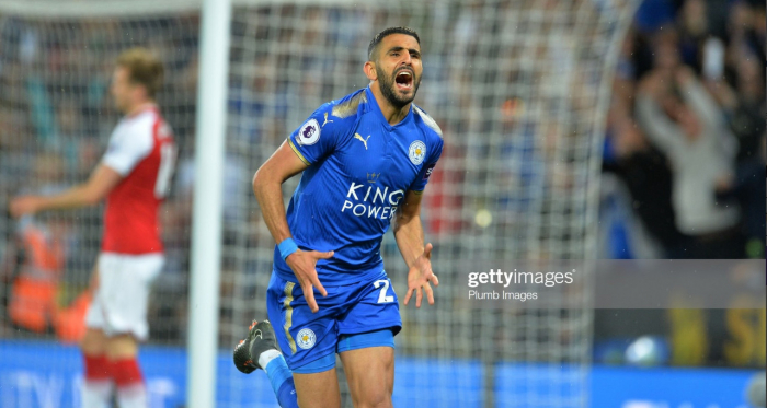 LEICESTER, ENGLAND - MAY 09: Riyad Mahrez of Leicester City scores a goal to make it 3-1 during the Premier League match between Leicester City and Arsenal at The King Power Stadium on May 9, 2018 in Leicester, England. (Photo by Plumb Images - Getty)