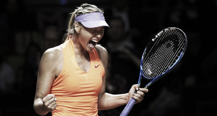 Maria Sharapova celebrates her victory over Roberta Vinci in her first match back | Photo: Adam Pretty/Bongarts