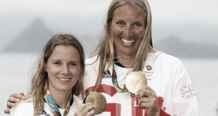 Mills and Clark celebrate winning sailing gold Pic: PA