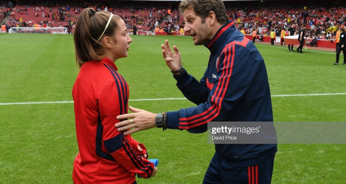 LONDON, ENGLAND - JULY 28: Arsenal Women Manager Joe Montemurro talks to Ruby Grant of Arsenal after the match between Arsenal Women and Bayern Munich at Emirates Stadium on July 28, 2019 in London, England. (Photo by David Price/Arsenal FC via Getty Images)