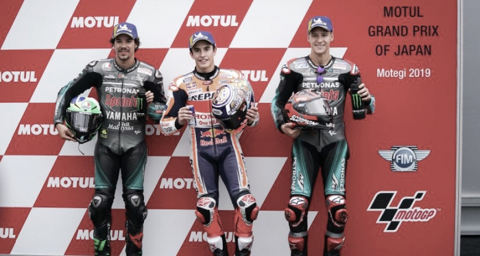 <strong style="text-align: start;"><font color="#000000" face="-webkit-standard"><span style="caret-color: rgb(0, 0, 0); font-style: normal;">Márquez, Morbidelli y Quartararo</span></font></strong> / Foto: Repsol Honda Team