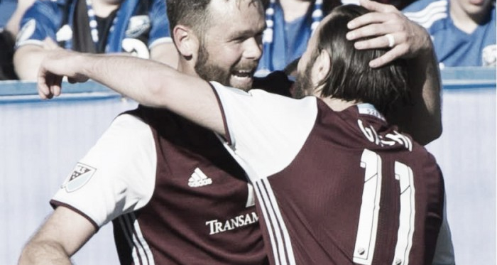 Shkelzen Gashi (Right) celebrating the game tying goal with Bobby Burling (Left) on Saturday against the Montreal Impact at the Stade Saputo. Photo provided by Canadian Press.