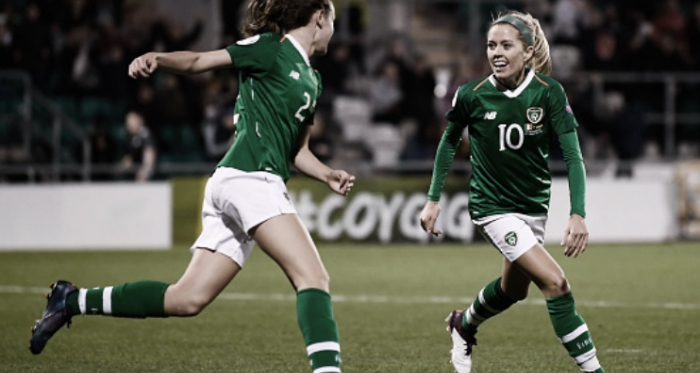North Carolina Courage midfielder Denise O'Sullivan (10) celebrates with her Ireland teammate. 