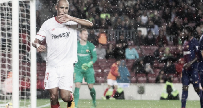 Pizarro celebrando un gol. Foto: Sevilla FC