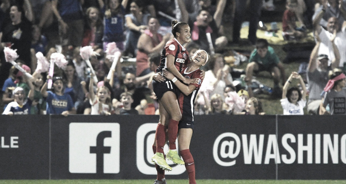 Mallory Pugh celebrates after scoring late in a 2-1 win over the North Carolina Courage. | Photo: isiphotos via @WashSpirit