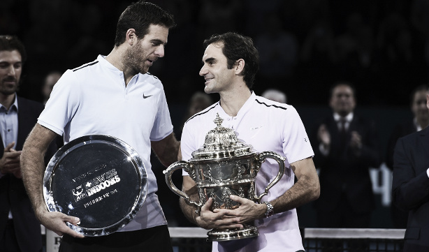 Federer y del Potro tras la final del pasado año, el suizo logró imponerse. Foto: Swiss Indoors Basel.