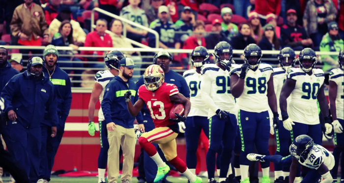 Richie James Jr. realiza una carrera de 97 yardas para touchdown. Foto: San Francisco 49ers