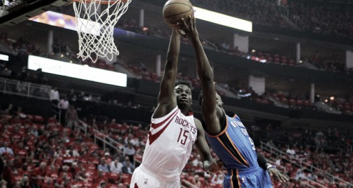 Houston Rockets center Clint Capela (15) blocks the shot attempt of Oklahoma City Thunder guard Victor Oladipo (5). Photo: Erik Williams-USA TODAY Sports