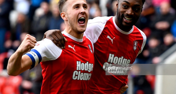 Sami Ajayi of Rotherham United celebrates after scoring his team's first goal with Will Vaulks of Rotherham United during the Sky Bet Championship match between Rotherham United and Blackburn Rovers at The New York Stadium on March 02, 2019. (Photo by George Wood/Getty Images).