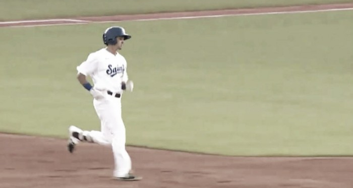 JJ Gould rounds second after homering. (Screenshot captured via americanassociationbaseball.tv)