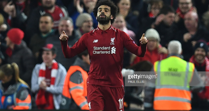 Mohamed Salah celebrates scoring against Napoli. Photo Credit: Getty'Paul Ellis