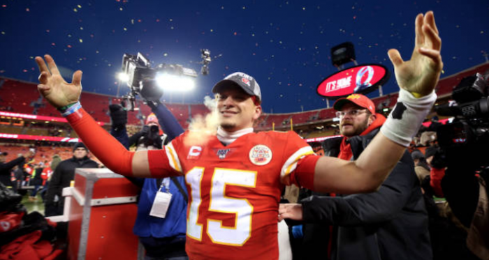 Patrick Mahomes celebrates winning the AFC Championship (Photo: Jamie Squire)