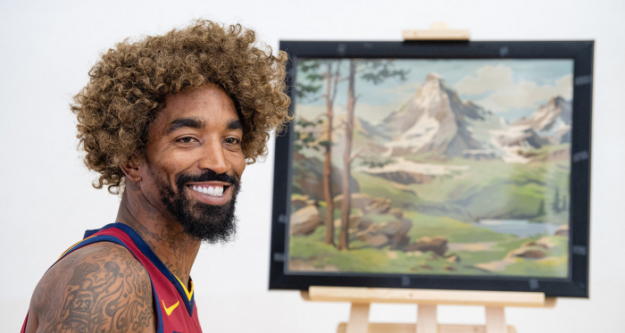 J.R Smith has some fun on media day. Photo: Jason Miller/NBAE/Getty Images