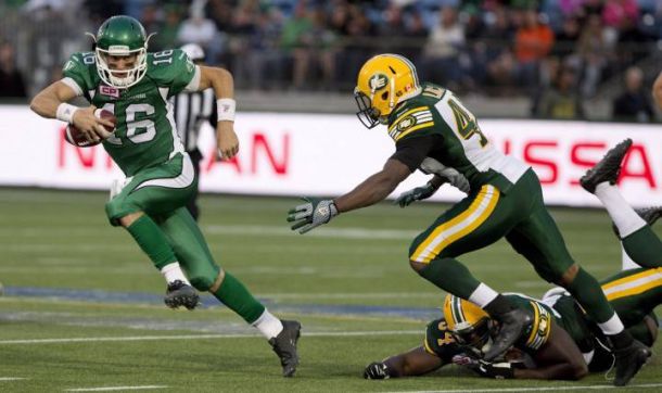 Brett Smith (16) replaced the injured Kevin Glenn in Week Five for Saskatchewan - The Canadian Press/ Jason Franson