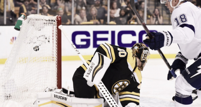 Ondrej Palat scores past Tuukka Rask. | Photo: Tampa Bay Lightning on Twitter