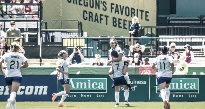 The Pride celebrate Morgan's goal in Portland l photo: Nikita Tapari