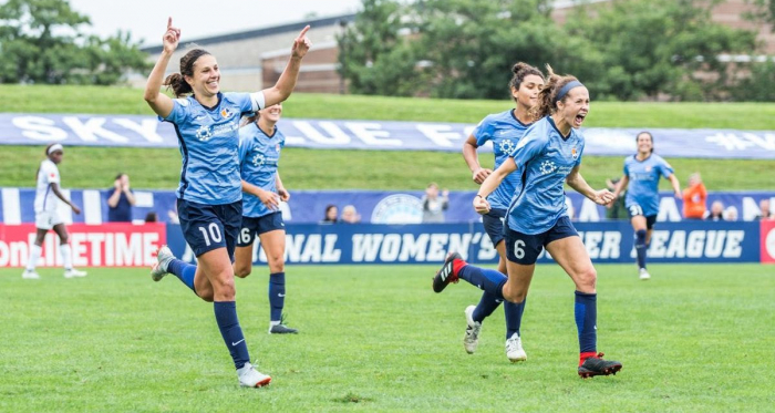 Sky Blue FC celebrating their first win in 2018 l Photo: Jeffrey Auger