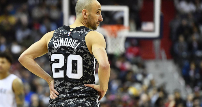 San Antonio Spurs guard Manu Ginobili (20) on the court against the Washington Wizards during the first half at Capital One Arena. |Brad Mills-USA TODAY Sports|