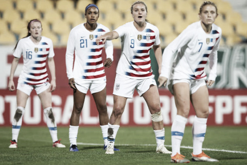 Rose Lavelle, Jessica McDonald, Lindsey Horan, and Abby Dahlkemper prepare for a set piece in the 1-0 win over Portugal. | Photo: Gualter Fatia - Getty Images