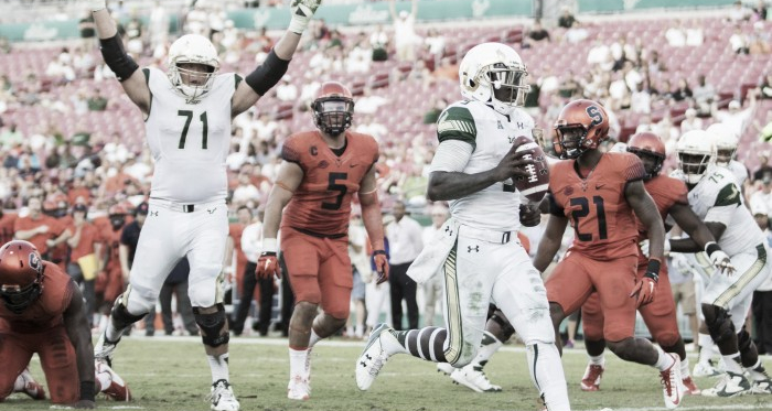 USF quarterback Quinton Flowers rushes for one of his 12 touchdowns in 2015.(Photo Credit: Logan Bowles / USA Today)