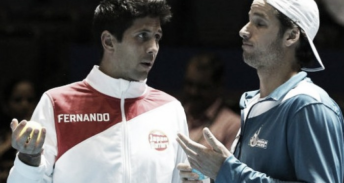 Fernando Verdasco (left) and Feliciano Lopez talk on Wednesday at the IPTL. Photo: IPTL
