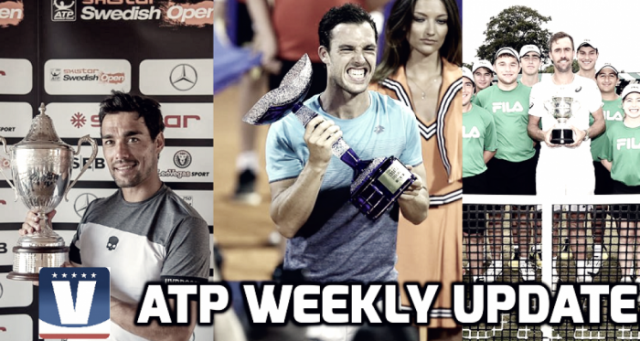 From left to right: Fabio Fognini, Marco Cecchinato, and Steve Johnson were all victorious on the tour this past week. Photo: Swedish Open, Croatia Open, Hall of Fame Open