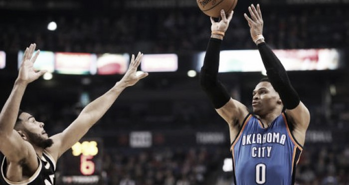 Russell Westbrook takes a jump shot over Cory Joseph Thursday night. PHOTO: Tom Szczerbowski-USA Today Sports