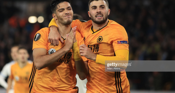 WOLVERHAMPTON, ENGLAND - NOVEMBER 07: Raul Jimenez of Wolverhampton Wanderers celebrates scoring his goal with Patrick Cutrone during the UEFA Europa League group K match between Wolverhampton Wanderers and Slovan Bratislava at Molineux on November 7, 2019 in Wolverhampton, United Kingdom. (Photo by Marc Atkins/Getty Images)