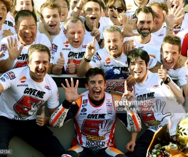 Triple success for Honda in Motegi as Marquez wins there for the 1st time claiming the 2016 MotoGP Championship in the process